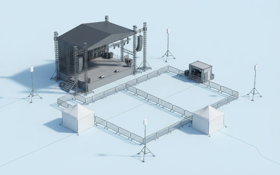 Axonometric illustration of temporary sensors around an outdoor event, with a stage and tents.