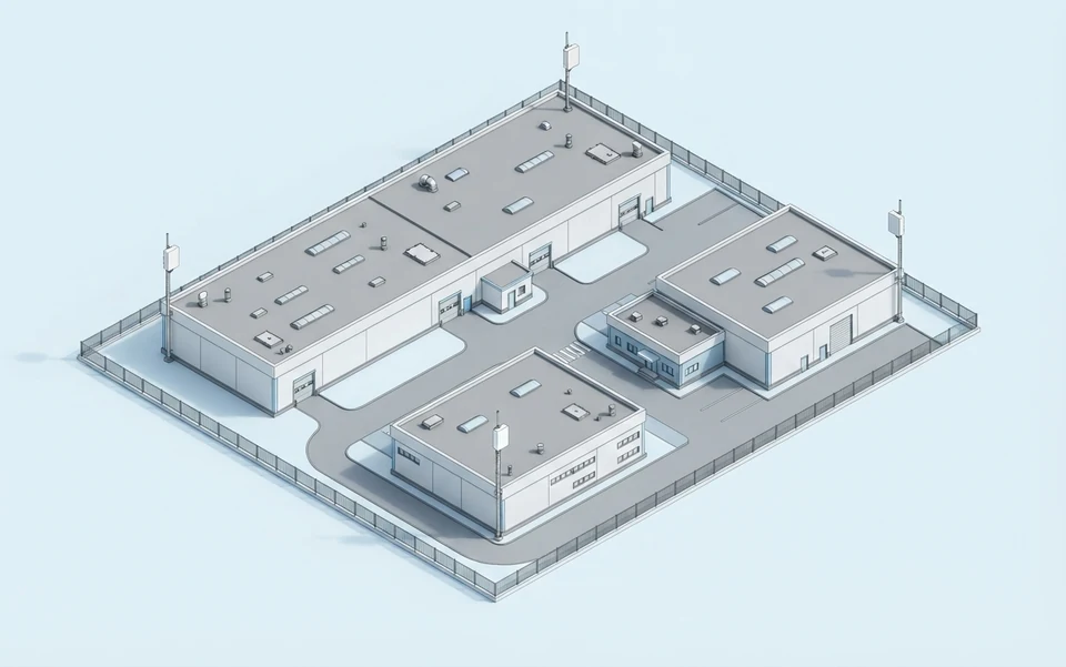 Illustration en perspective de capteurs Horus sur les mâts de bâtiments industriels.